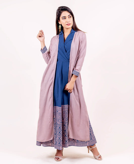 Indigo Solid Dress with Detachable Pink Jacket