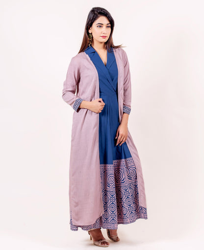 Indigo Solid Dress with Detachable Pink Jacket