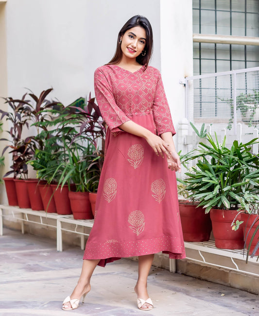 Rust and Gold Rayon Tea Length Dress