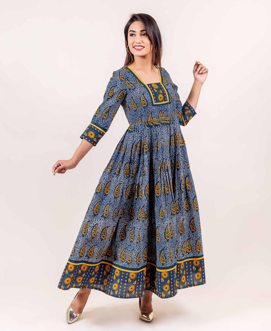 Indigo and Yellow Block Printed Anarkali Dress