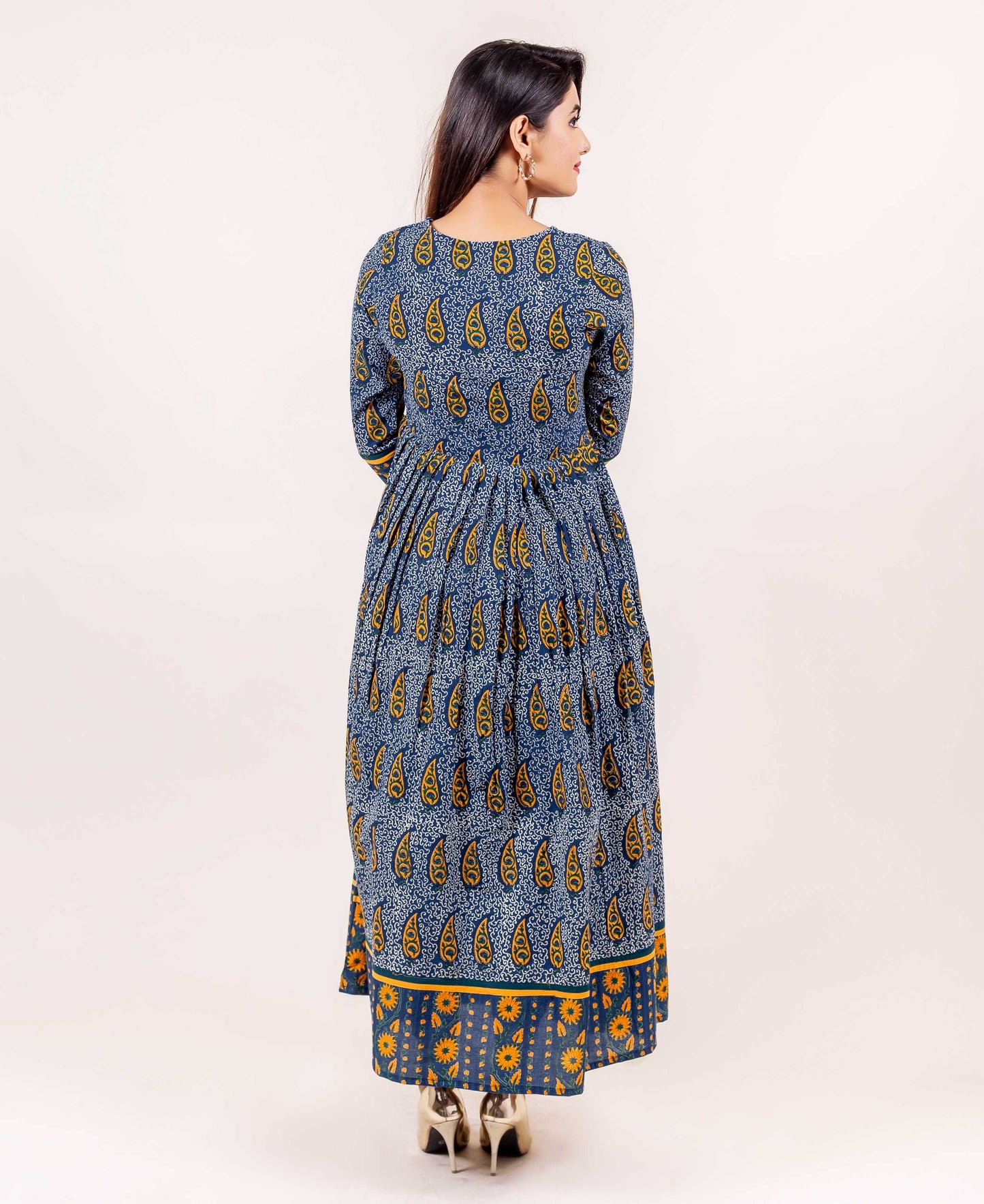 Indigo and Yellow Block Printed Anarkali Dress
