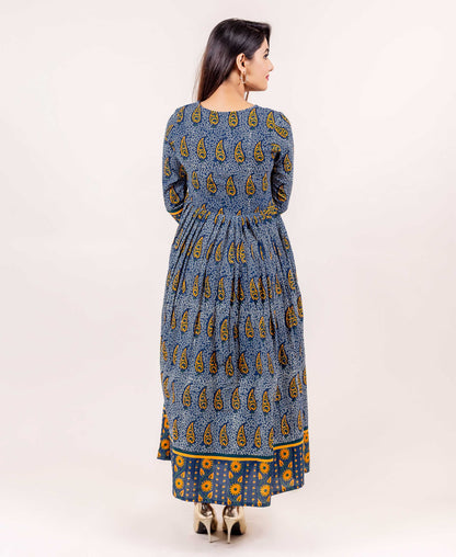 Indigo and Yellow Block Printed Anarkali Dress