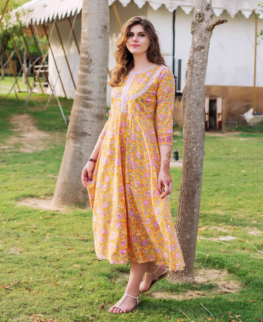 Yellow Jaal Block Printed Dress
