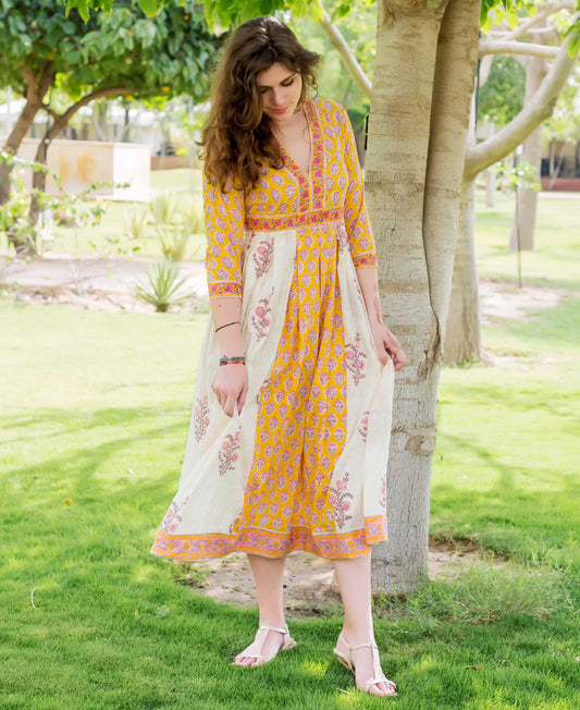 Block Printed  Anarkali Flared Dress