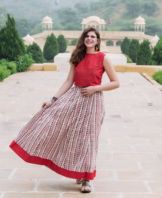 Red and White Top with Block Printed Skirt