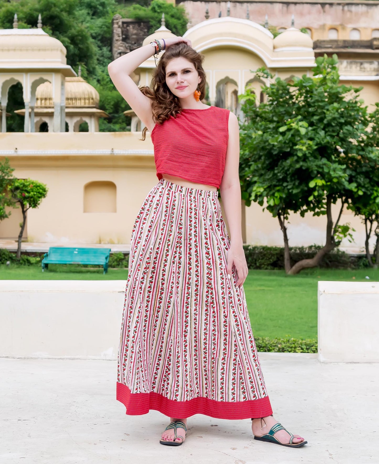 Red and White Top with Block Printed Skirt