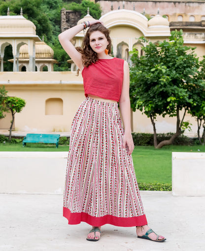 Red and White Top with Block Printed Skirt