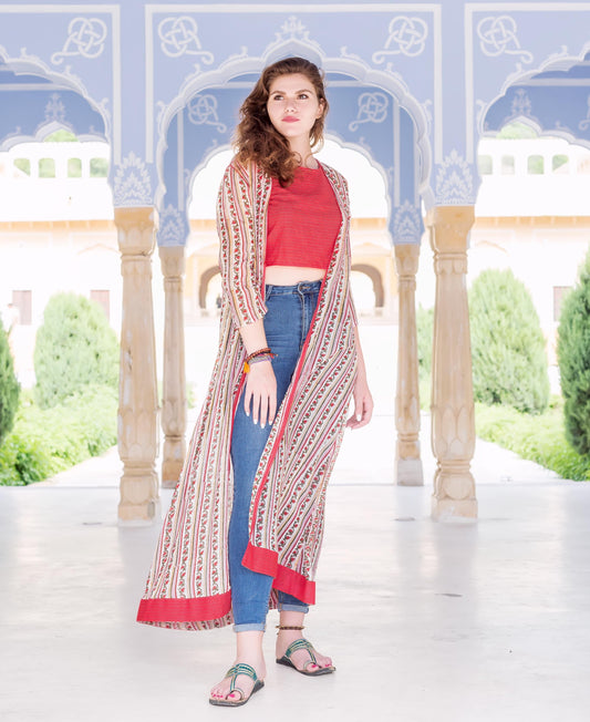 Full Length Georgette Jacket with Red Crop Top