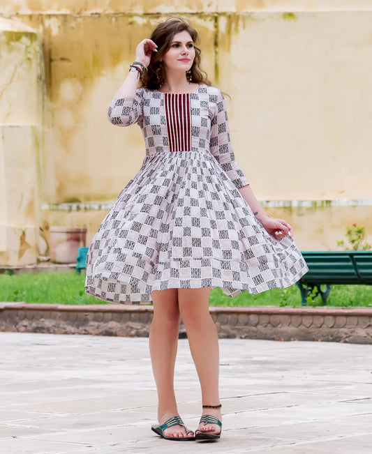 Maroon and White Block Printed Dress