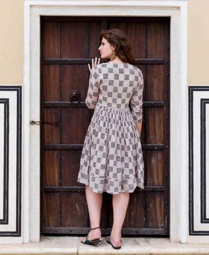 Maroon and White Block Printed Dress