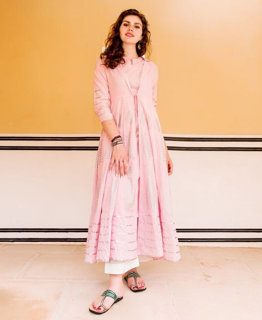 Pink and White Indowestern Jacket Dress with Silver Print