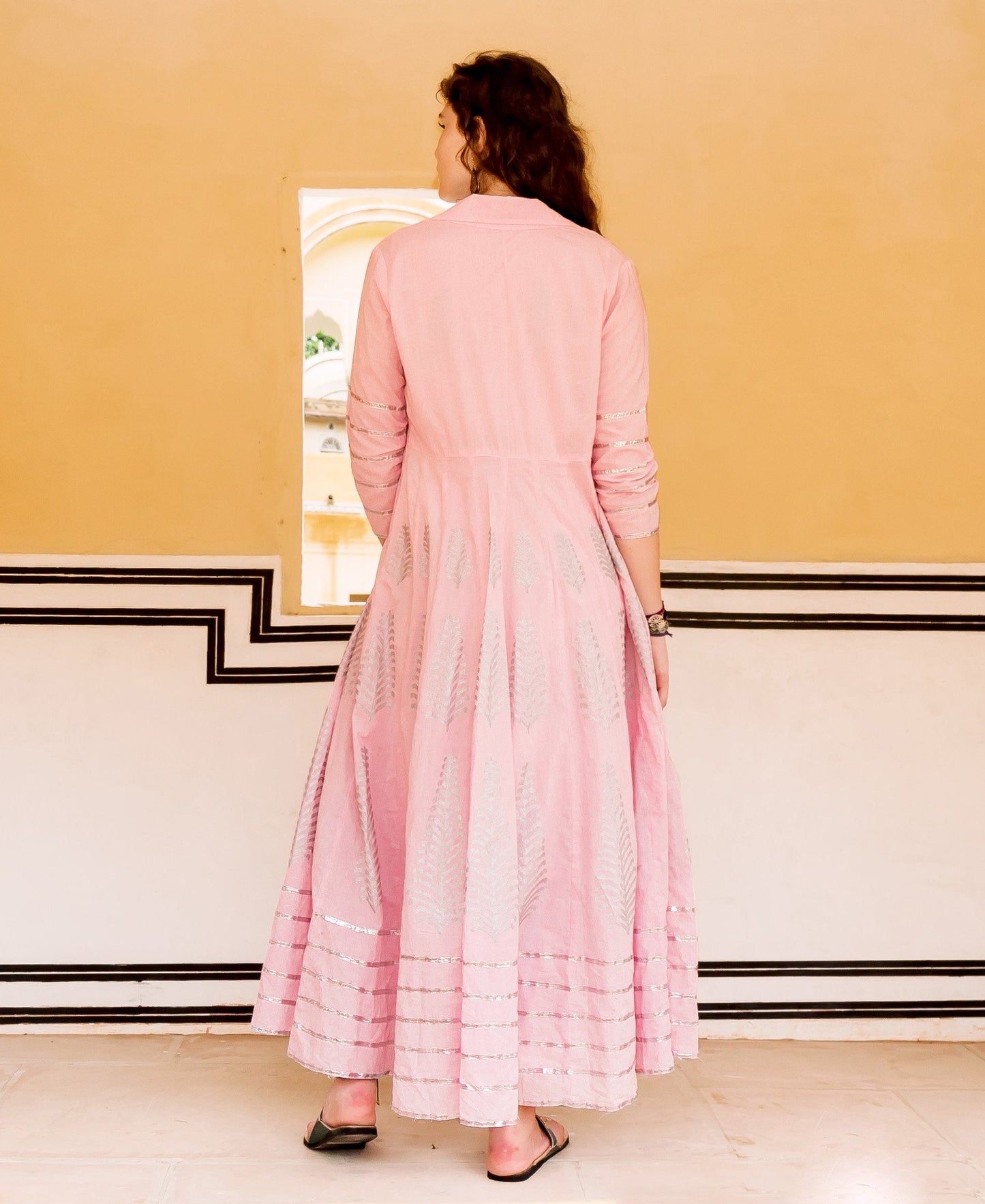 Pink and White Indowestern Jacket Dress with Silver Print