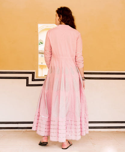 Pink and White Indowestern Jacket Dress with Silver Print