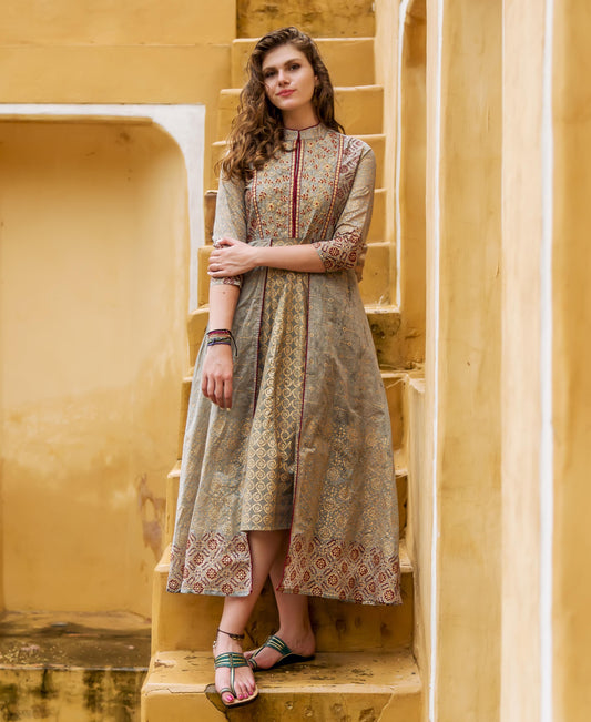 Grey Designer Layered Chanderi Dress