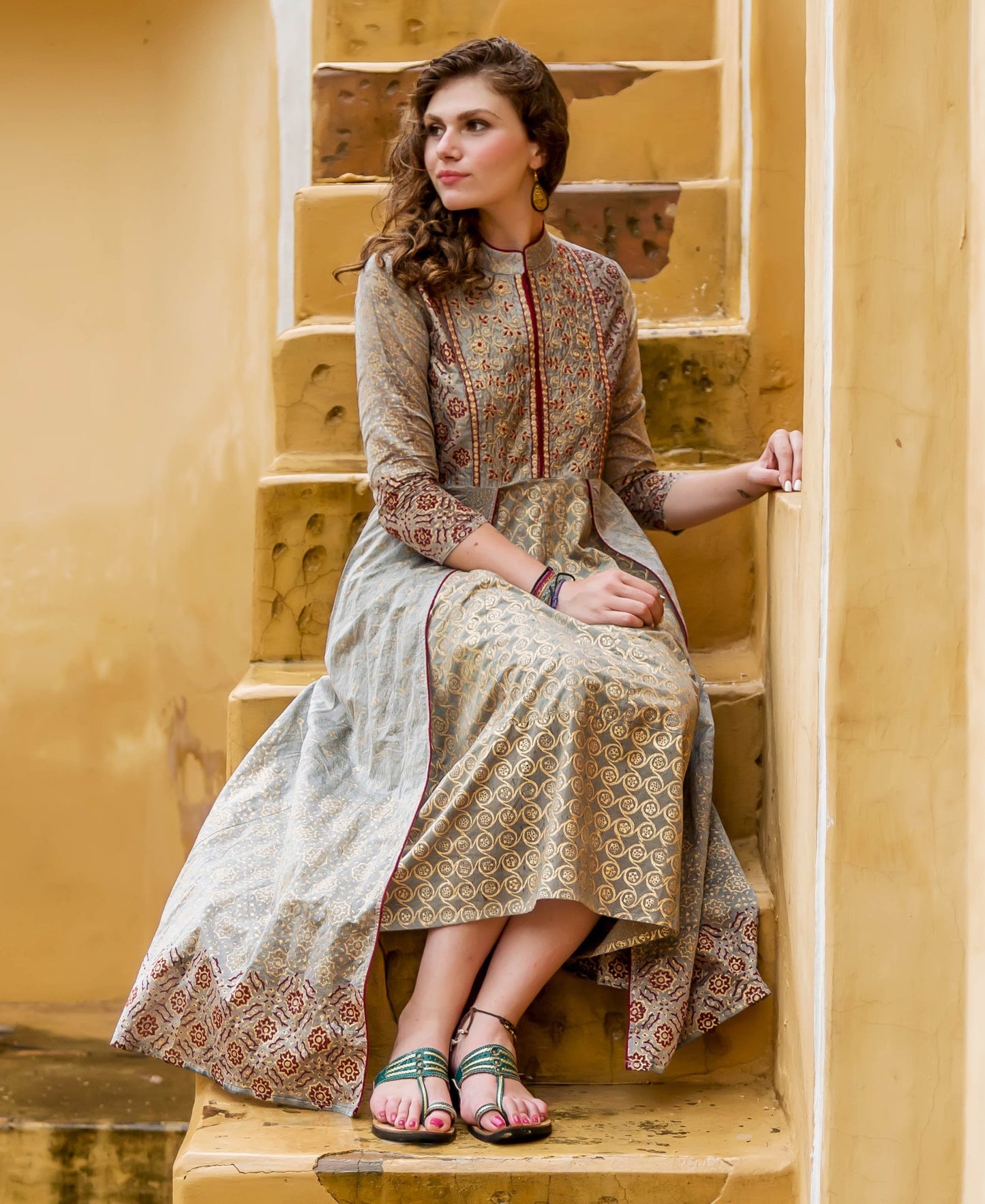 Grey Designer Layered Chanderi Dress