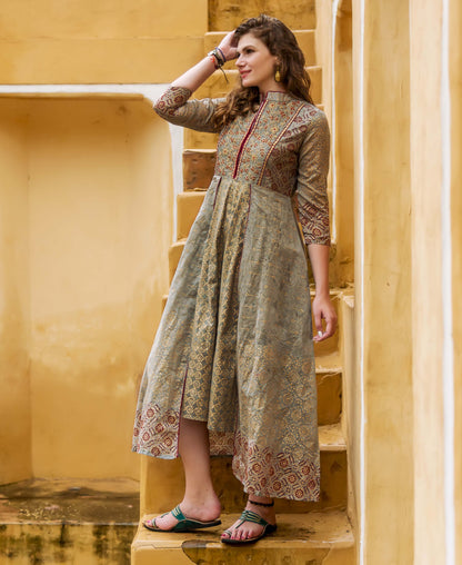 Grey Designer Layered Chanderi Dress
