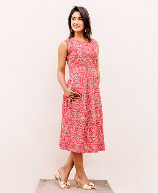 Sleeveless Coral Calf Length Dress