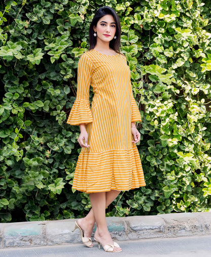 Stripped Hand Block Printed Dress with Bell Sleeves