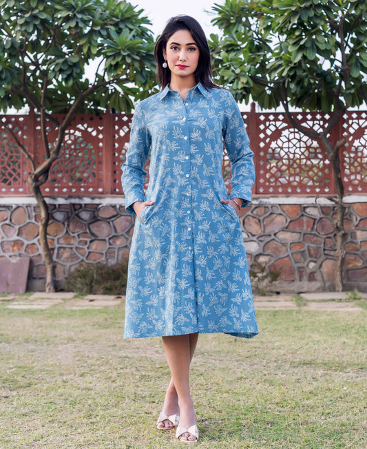 Blue Hand Block Printed Shirt Dress