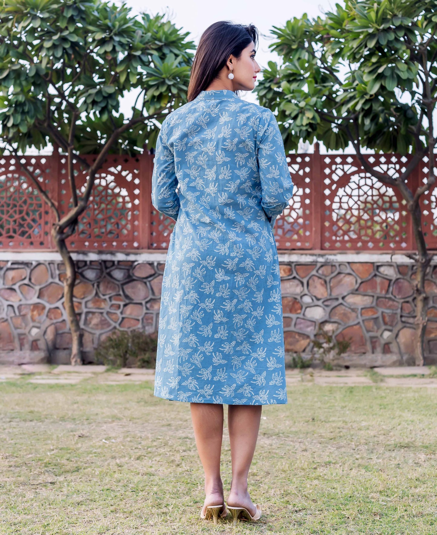 Blue Hand Block Printed Shirt Dress