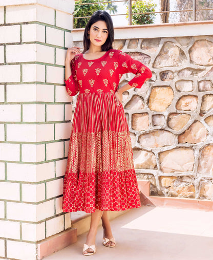 Red Hand Block Printed Tiered Dress
