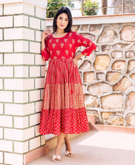 Red Hand Block Printed Tiered Dress