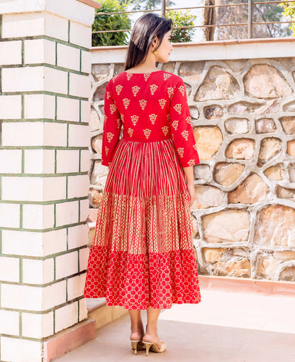 Red Hand Block Printed Tiered Dress