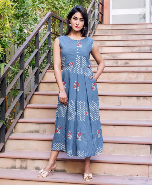 Grey Hand Block Printed Sleeveless Dress