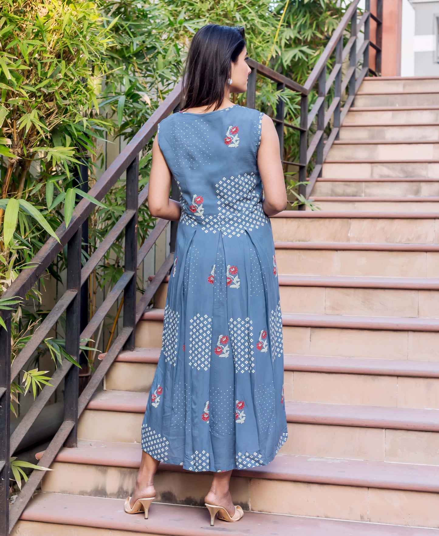 Grey Hand Block Printed Sleeveless Dress