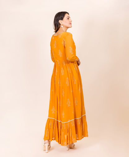 Ochre Hand Block Printed Georgette Dress