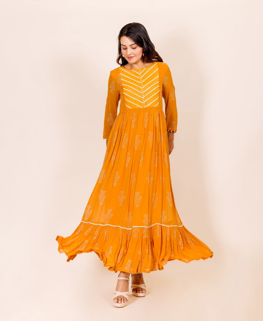 Ochre Hand Block Printed Georgette Dress