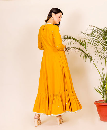 Mustard Anarkali Dress with Mirror Work