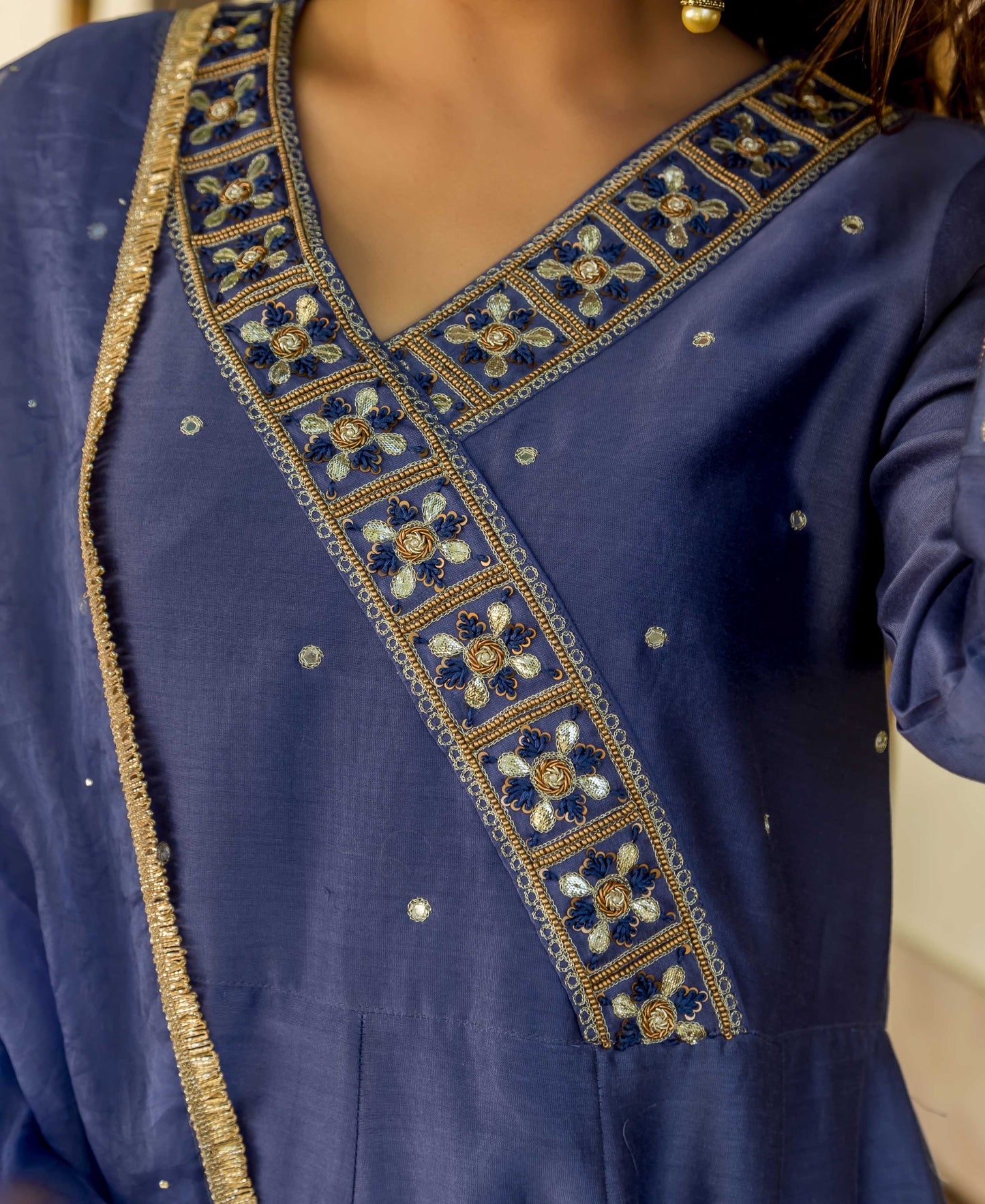 Steel Blue Hand Embroidered Chanderi Dress