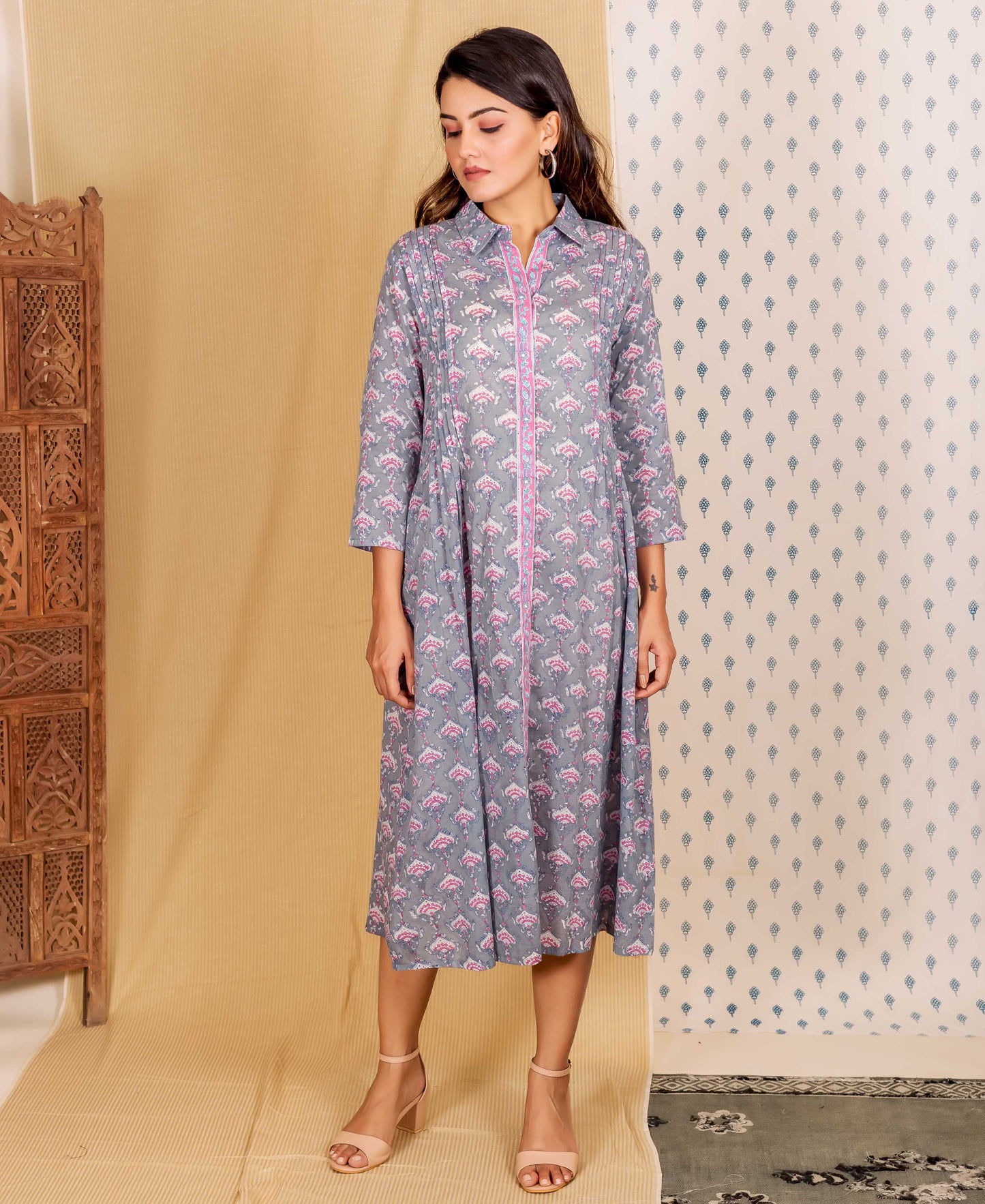Steel Grey and Pink Hand Block Printed Shirt Dress