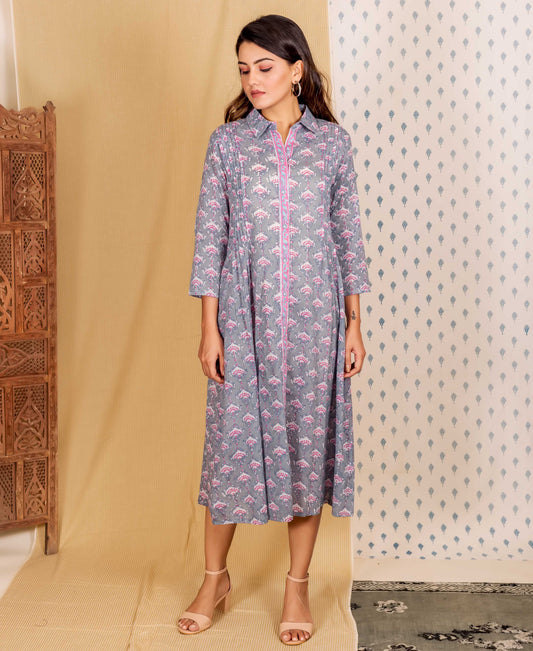 Steel Grey and Pink Hand Block Printed Shirt Dress