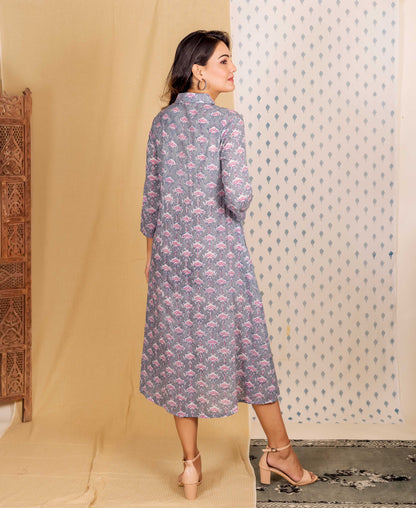 Steel Grey and Pink Hand Block Printed Shirt Dress