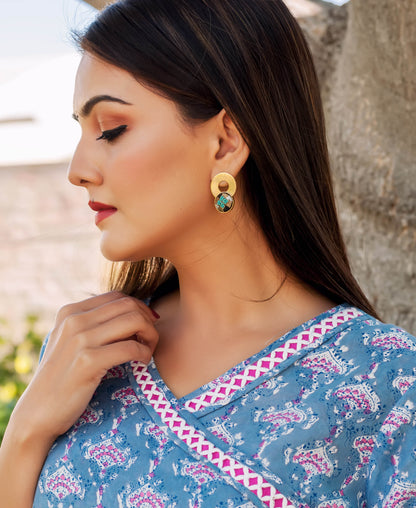 Blue and Pink Hand Block Printed Angrakha Style Dress