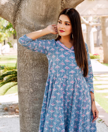 Blue and Pink Hand Block Printed Angrakha Style Dress