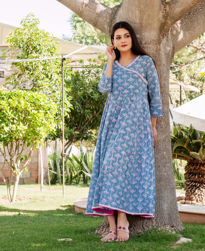 Blue and Pink Hand Block Printed Angrakha Style Dress