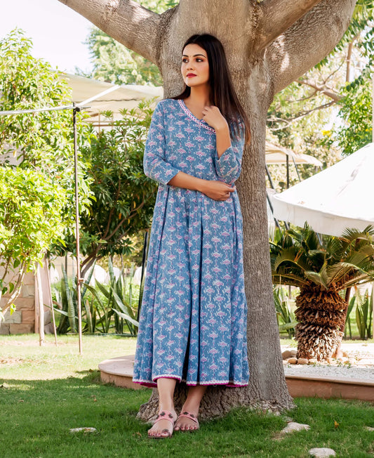 Blue and Pink Hand Block Printed Angrakha Style Dress