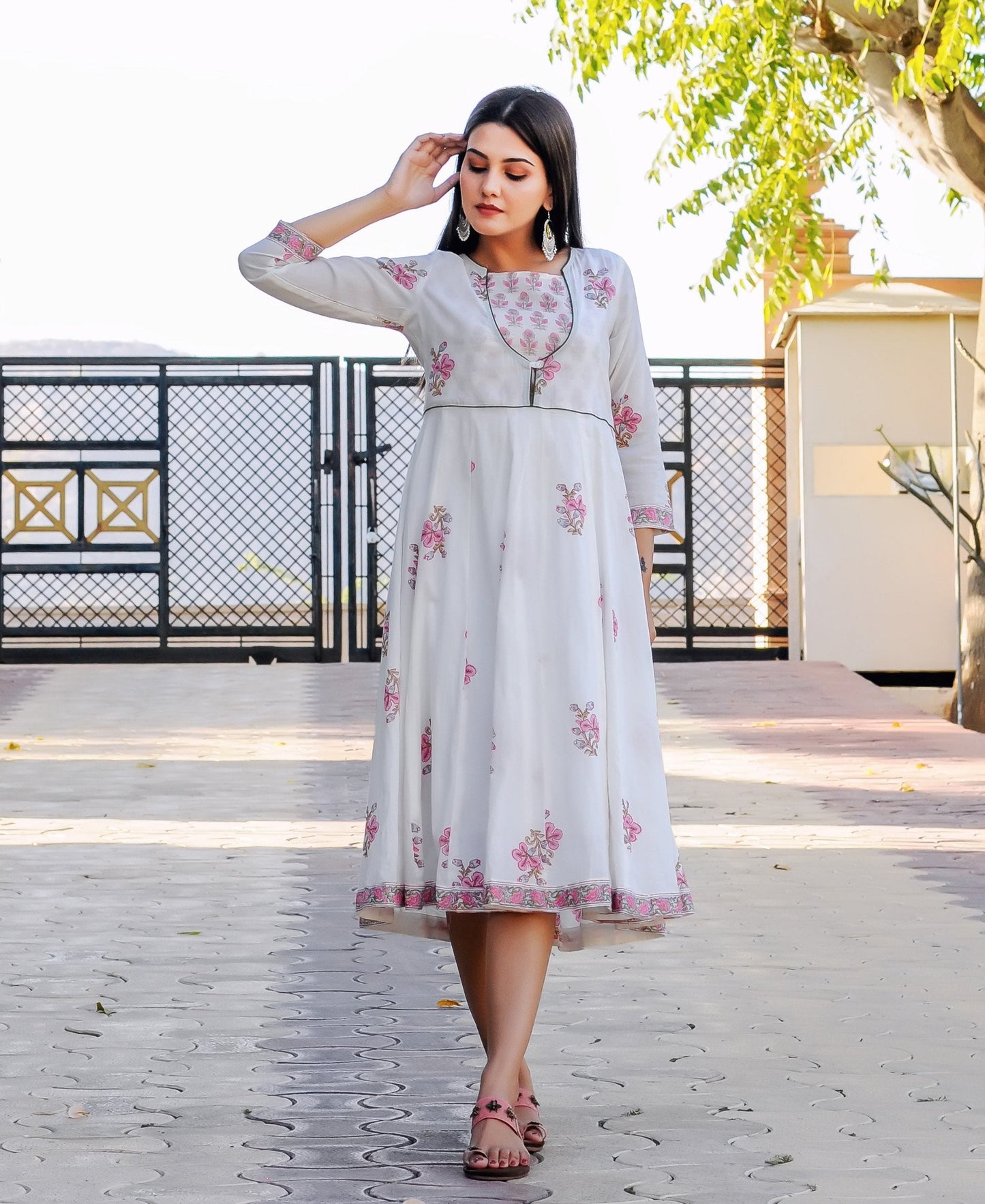 White and Pink Hand Block Printed Dress