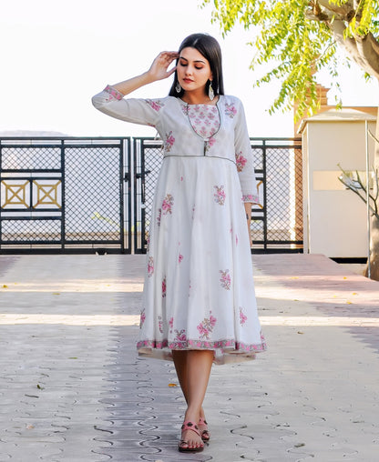 White and Pink Hand Block Printed Dress