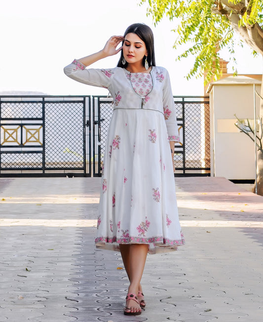White and Pink Hand Block Printed Dress