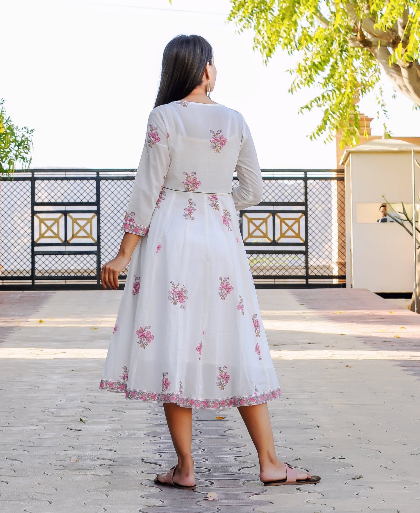 White and Pink Hand Block Printed Dress