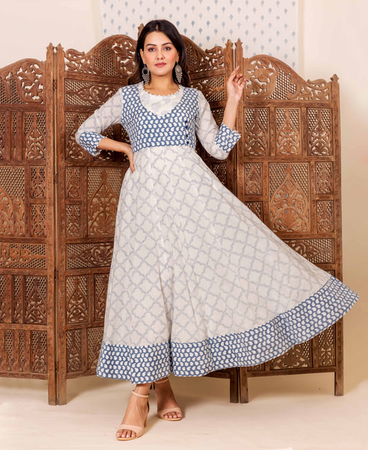 White Hand Block Printed Anarkali Dress