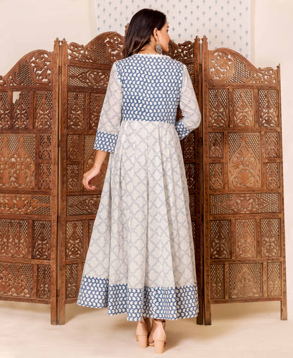 White Hand Block Printed Anarkali Dress