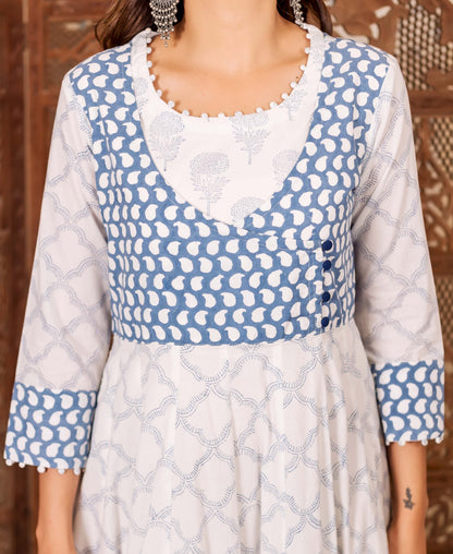 White Hand Block Printed Anarkali Dress