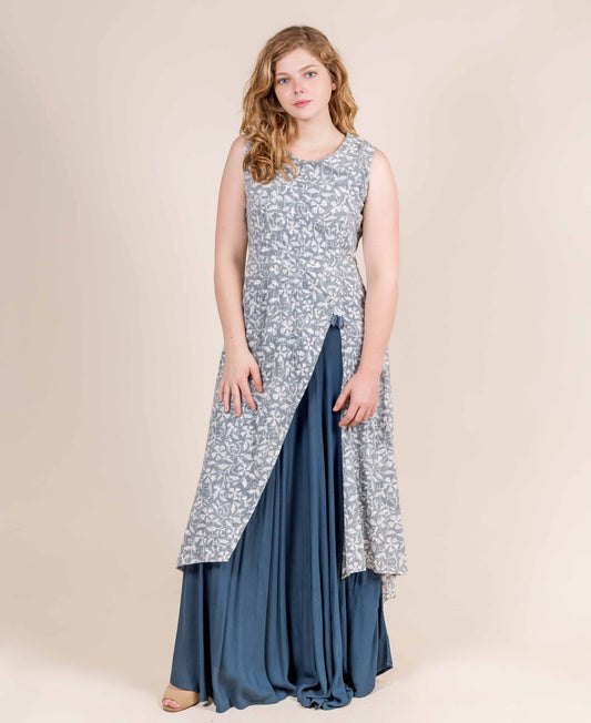 Indigo Blue and White Hand Block Printed Indo Western Dress
