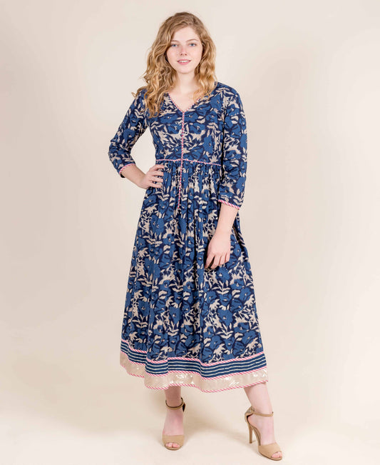 Indigo / Pink Pleated Indo Western Dress