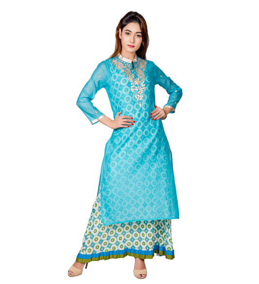 Blue & White Embroidered Indo Western Chanderi Jacket Dress